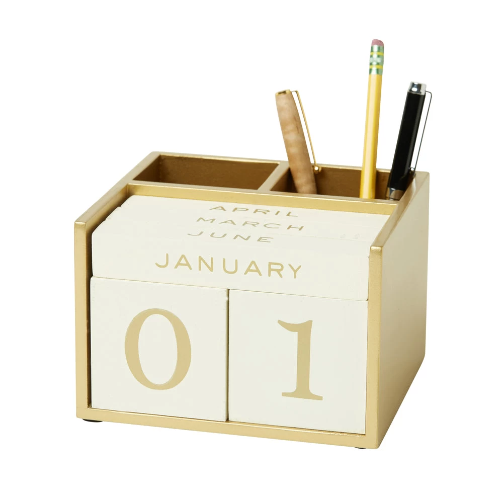 Martha Stewart Perpetual Calendar With Pencil Cup - Gold & Beige 1 Martha Stewart Perpetual Calendar With Pencil Cup - Gold & Beige
