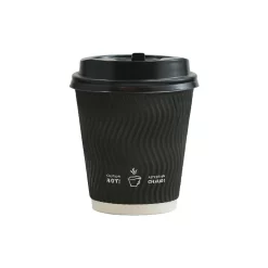 Tannex Double Wall Paper Hot Cups And Lids Combo - 10oz - Black Ripple - 100 Pack