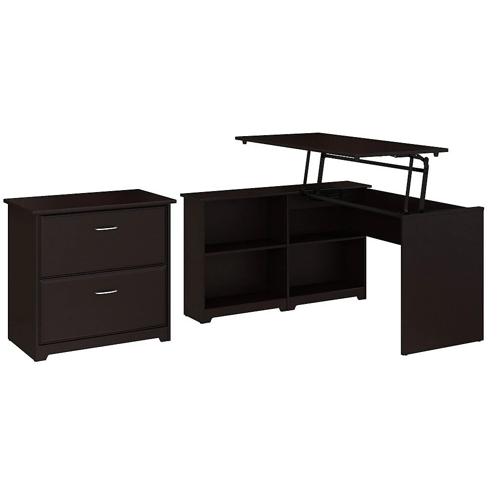 Bush Furniture Cabot 52"W Sit To Stand Corner Bookshelf Desk With File Cabinet, Espresso Oak (CAB056EPO) 1 Bush Furniture Cabot 52"W Sit To Stand Corner Bookshelf Desk With File Cabinet, Espresso Oak (CAB056EPO)