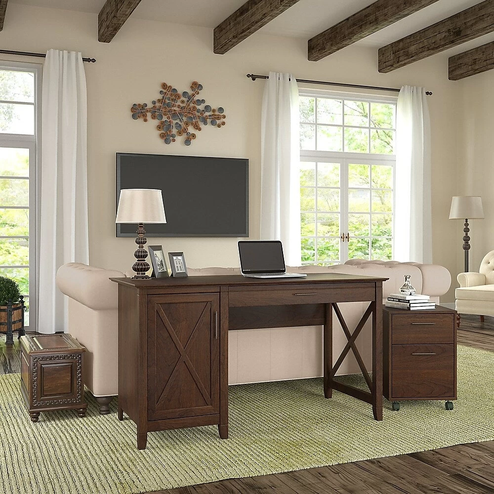 Bush Furniture Key West 54"W Computer Desk With Storage And 2 Drawer Mobile File Cabinet, Bing Cherry (KWS006BC) 2 Bush Furniture Key West 54"W Computer Desk With Storage And 2 Drawer Mobile File Cabinet, Bing Cherry (KWS006BC) - Image 2
