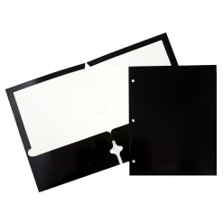 JAM Paper 2 Pocket Laminated Glossy 3 Hole Punched School Folders, Black, 25 Pack