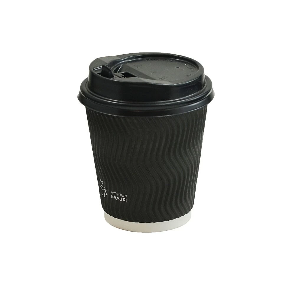 Tannex Double Wall Paper Hot Cups And Lids Combo - 10oz - Black Ripple - 100 Pack 2 Tannex Double Wall Paper Hot Cups And Lids Combo - 10oz - Black Ripple - 100 Pack - Image 2