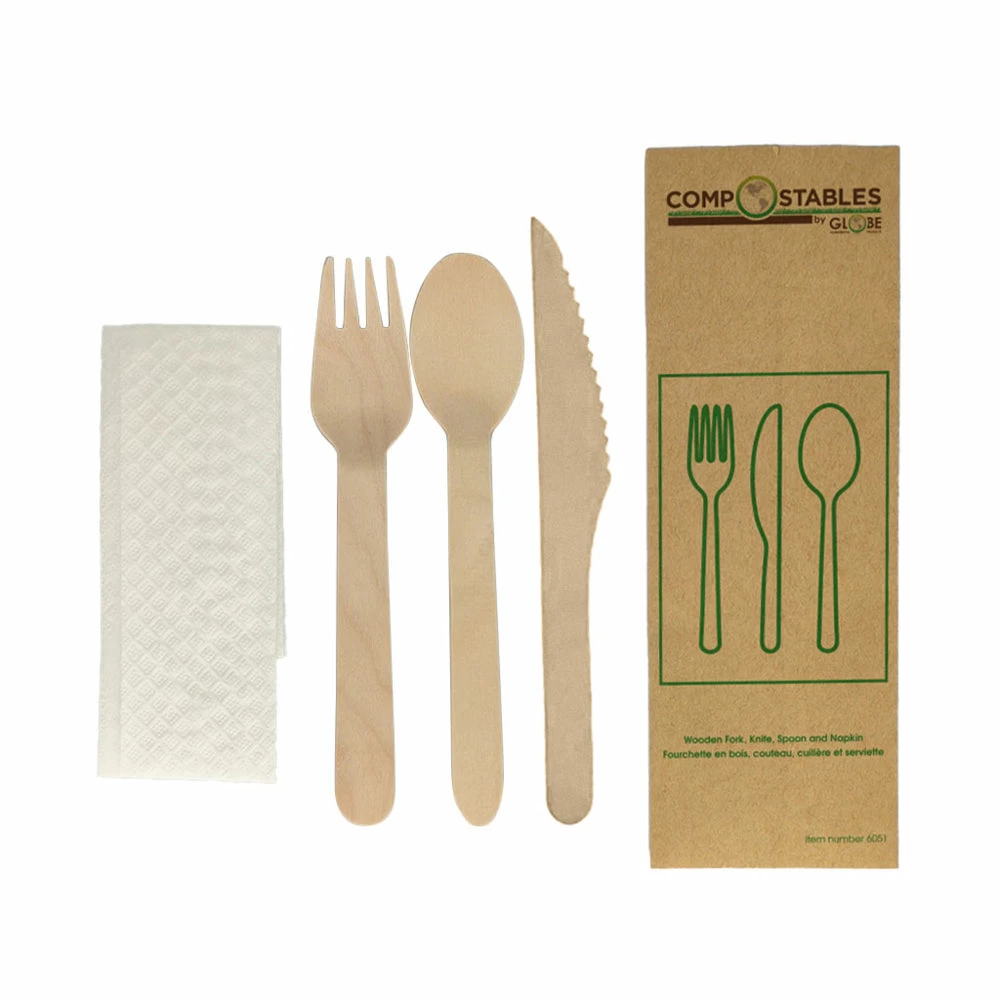Globe Commercial Products Compostable Wooden Cutlery - 6.5" Knife - Fork - Spoon And Napkin In Paper Bag - 500 Pack 1 Globe Commercial Products Compostable Wooden Cutlery - 6.5" Knife - Fork - Spoon And Napkin In Paper Bag - 500 Pack