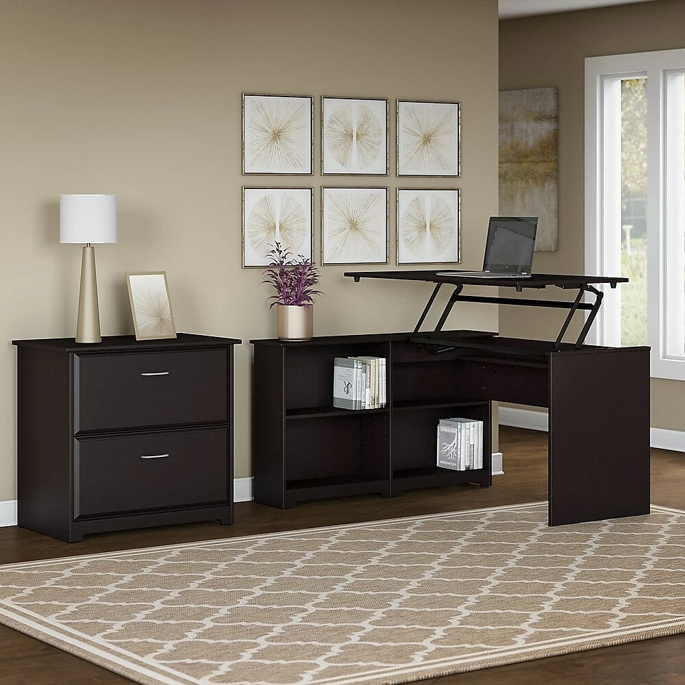 Bush Furniture Cabot 52"W Sit To Stand Corner Bookshelf Desk With File Cabinet, Espresso Oak (CAB056EPO) 2 Bush Furniture Cabot 52"W Sit To Stand Corner Bookshelf Desk With File Cabinet, Espresso Oak (CAB056EPO) - Image 2