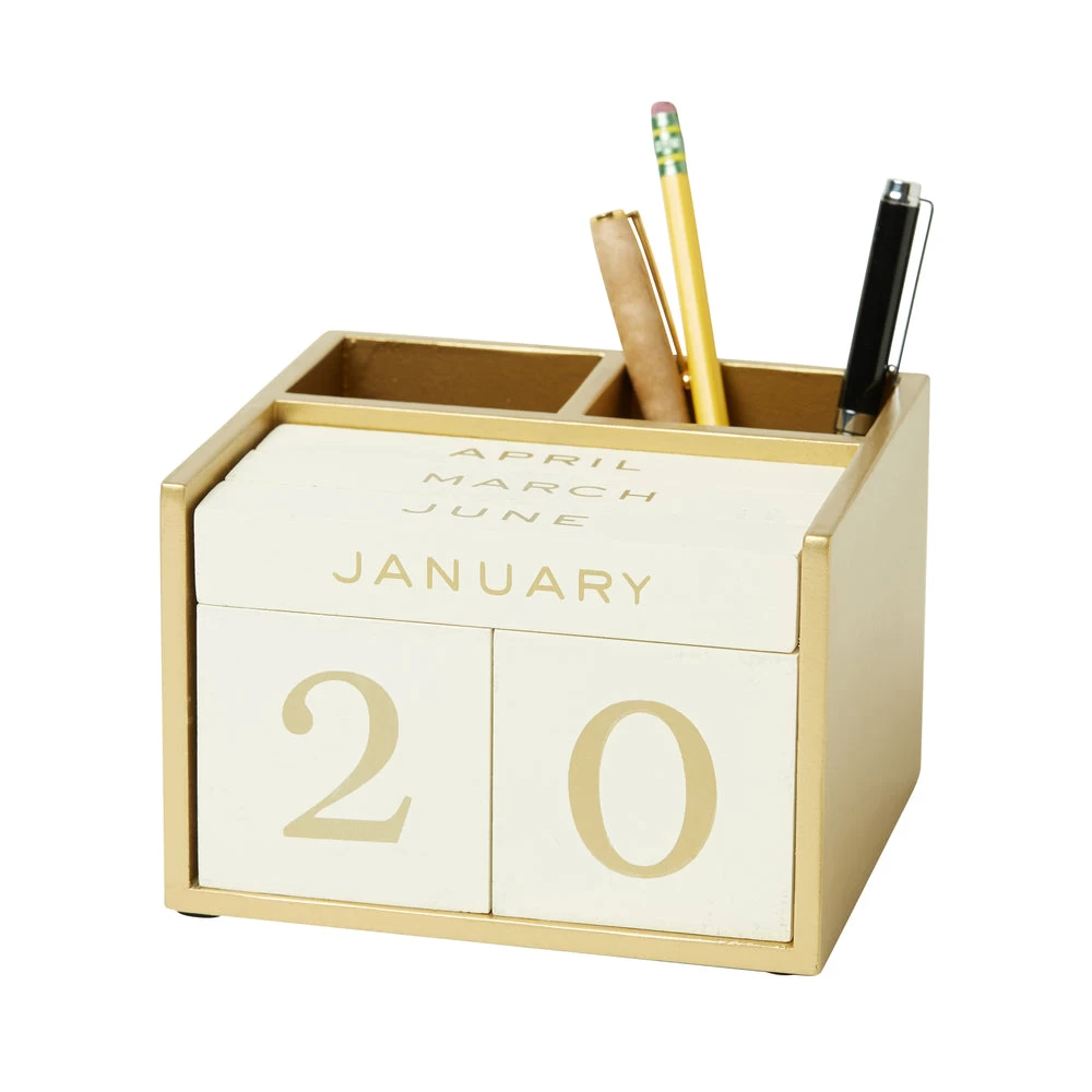 Martha Stewart Perpetual Calendar With Pencil Cup - Gold & Beige 2 Martha Stewart Perpetual Calendar With Pencil Cup - Gold & Beige - Image 2