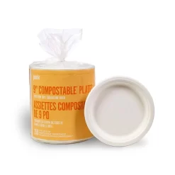 Perk Compostable Paper Plates, 9", White, 250 Pack