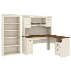 Bush Furniture Fairview L Shaped Desk With Hutch And 5 Shelf Bookcase, Antique White (FV005AW)