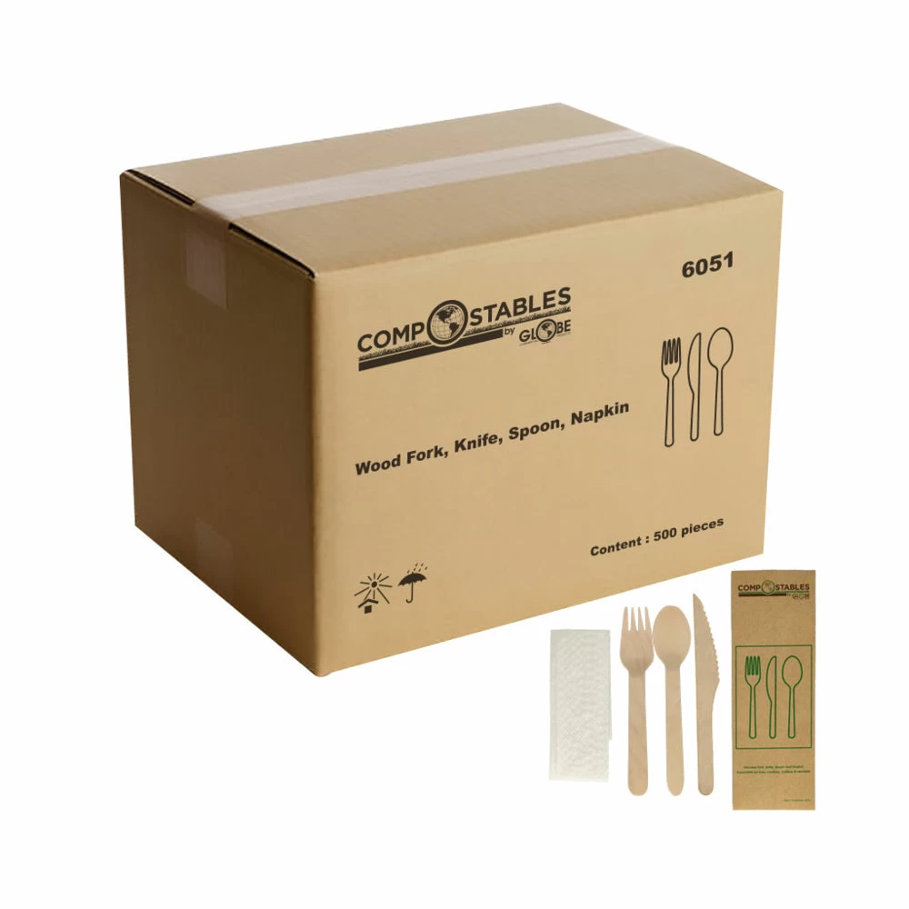 Globe Commercial Products Compostable Wooden Cutlery - 6.5" Knife - Fork - Spoon And Napkin In Paper Bag - 500 Pack 3 Globe Commercial Products Compostable Wooden Cutlery - 6.5" Knife - Fork - Spoon And Napkin In Paper Bag - 500 Pack - Image 3