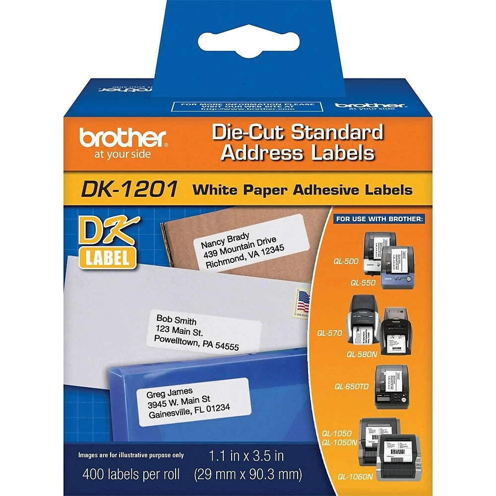 Brother DK1201 Die-Cut Standard Address Labels, 1-1/7" X 3-1/2", 400 Labels 1 Brother DK1201 Die-Cut Standard Address Labels, 1-1/7" X 3-1/2", 400 Labels