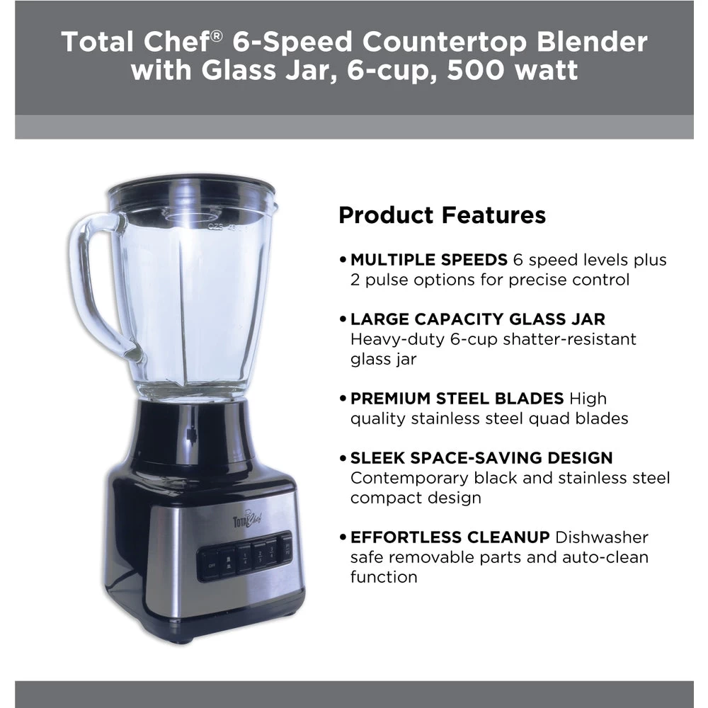 Total Chef 6-Speed Countertop Blender With Glass Jar - 6 Cup 3 Total Chef 6-Speed Countertop Blender With Glass Jar - 6 Cup - Image 3
