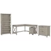Bush Furniture Key West 60W L Shaped Desk With File Cabinets And 5 Shelf Bookcase, Washed Grey (KWS017WG)