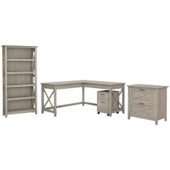 Bush Furniture Key West 60W L Shaped Desk With File Cabinets And 5 Shelf Bookcase, Washed Grey (KWS017WG)