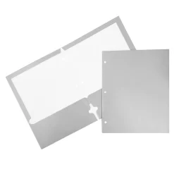 JAM Paper 2 Pocket Laminated Glossy 3 Hole Punched School Folders, Silver, 25 Pack