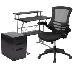Flash Furniture 3-Piece Set With Black Computer Desk, Ergonomic Mesh Office Chair & Locking Mobile Filing Cabinet