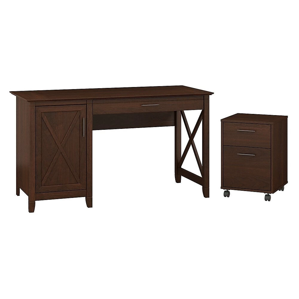 Bush Furniture Key West 54"W Computer Desk With Storage And 2 Drawer Mobile File Cabinet, Bing Cherry (KWS006BC) 1 Bush Furniture Key West 54"W Computer Desk With Storage And 2 Drawer Mobile File Cabinet, Bing Cherry (KWS006BC)
