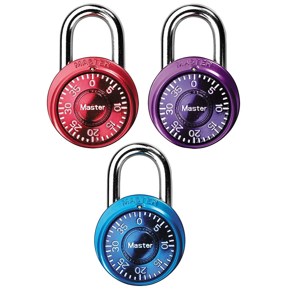 Master Lock 1-9/16in (40mm) Wide Anodized Combination Dial Padlock With 17mm Shackle - Assorted Colors - 3 Pack 1 Master Lock 1-9/16in (40mm) Wide Anodized Combination Dial Padlock With 17mm Shackle - Assorted Colors - 3 Pack