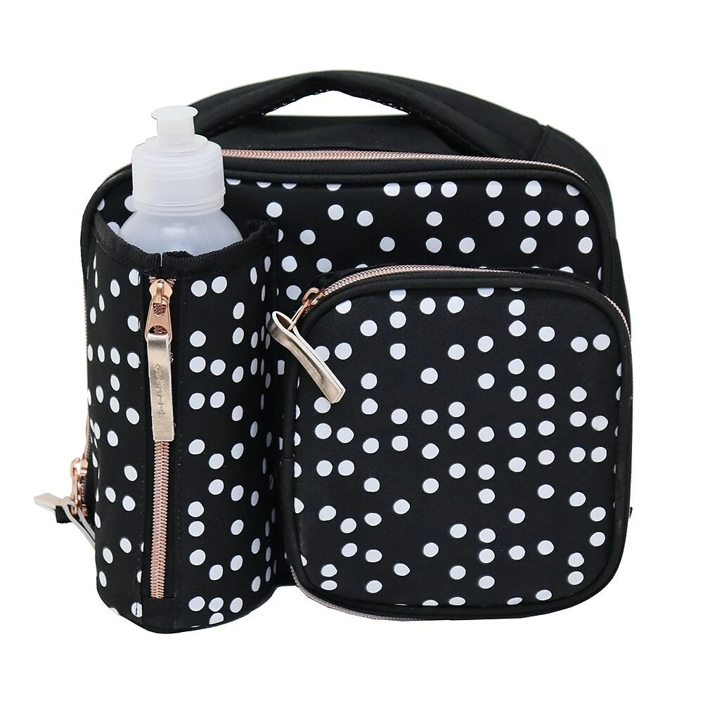 Travelway Insulated Polka Dot Polyester Lunch Bag With Rose Gold Zippers - Black 2 Travelway Insulated Polka Dot Polyester Lunch Bag With Rose Gold Zippers - Black - Image 2