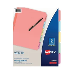 Avery Plain Tab Write On Dividers, 5 Tabs, 3 Sets, Multi-colour (11508)